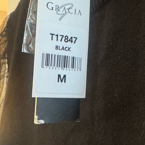 NWT Gracia Black Mock Neck Top Sheer Mesh Puff Sleeve Lace Cuff M - Picture 6 of 7